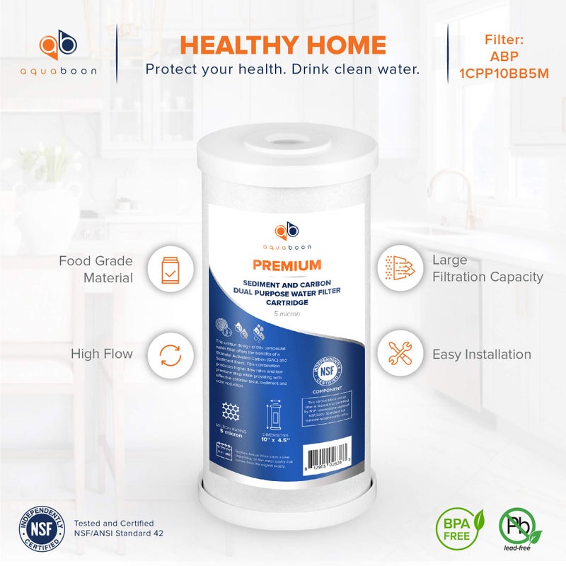 Aquaboon 5 Micron 10 x 4.5 Whole House Water Filter Replacement Cartridge, Superior High-Capacity Whole House Carbon And Sediment Water Filter Compatible With FXHTC, GXWH35F, WHKF-GD25BB (2 Pack) - Image 4